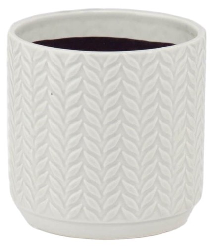 Doniczka ceramiczna tłoczone liście jodełka ZGASZONA BIEL 13,5cm